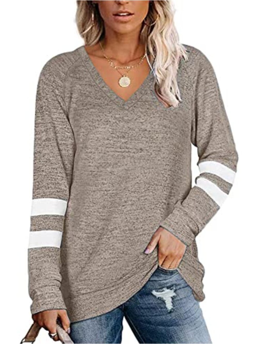 Women's V-Neck Striped Tunic Sweatshirt Long Sleeve Pullover